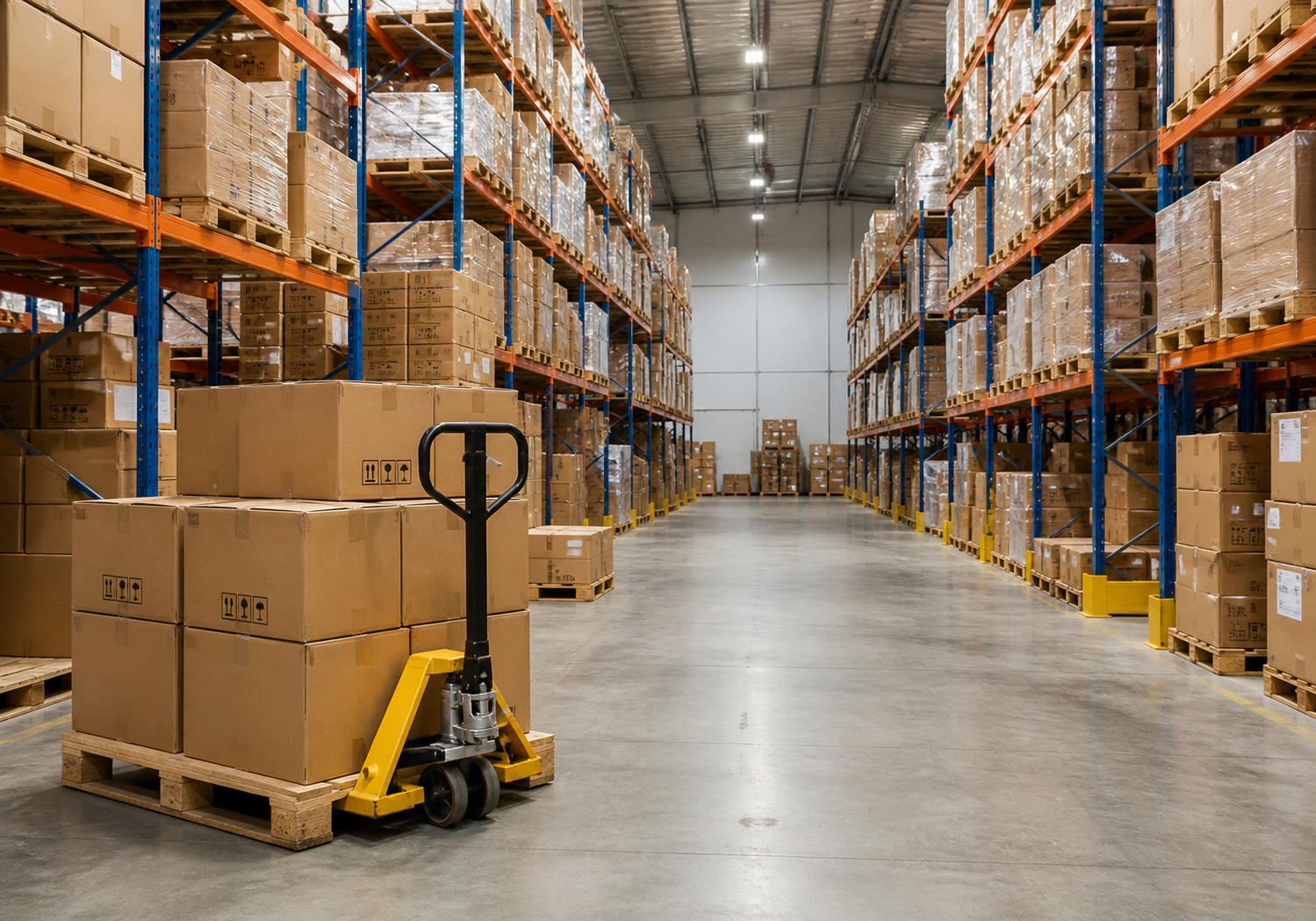 Wholesale supply warehouse with packed cartons and pallets